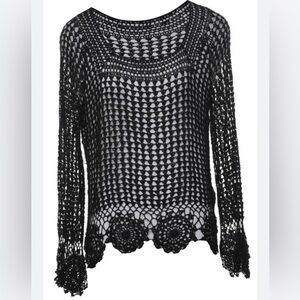 BCBGMAXAZRIA Black Open Crochet Net Knit Festival Whimsigoth 90s Witchy Top